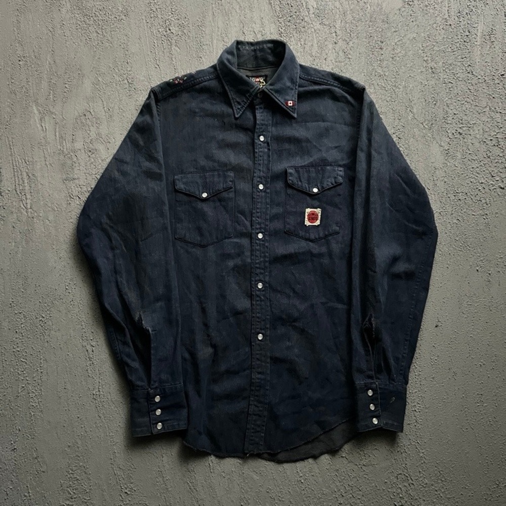 Vintage GWG Western Shirt Medium‎ Blue 1960s Embroidered Denim Pearl Snap